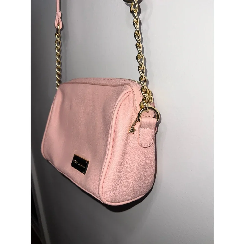 RARE Betsey Johnson Coquette Pink Sequins Bow Crossbody Bag Gold Heart Bag Charm